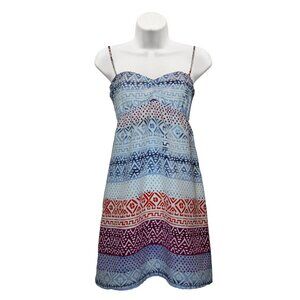 Volcom Pasies Geometric Tribal Print Blue Red Sleeveless Tie Back Dress size S